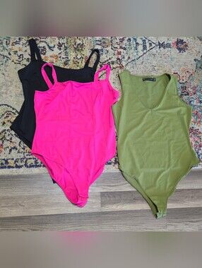 Lot of 3 Fashion to Figure Pink, Black & Olive Green One-Piece Bodysuit Trio